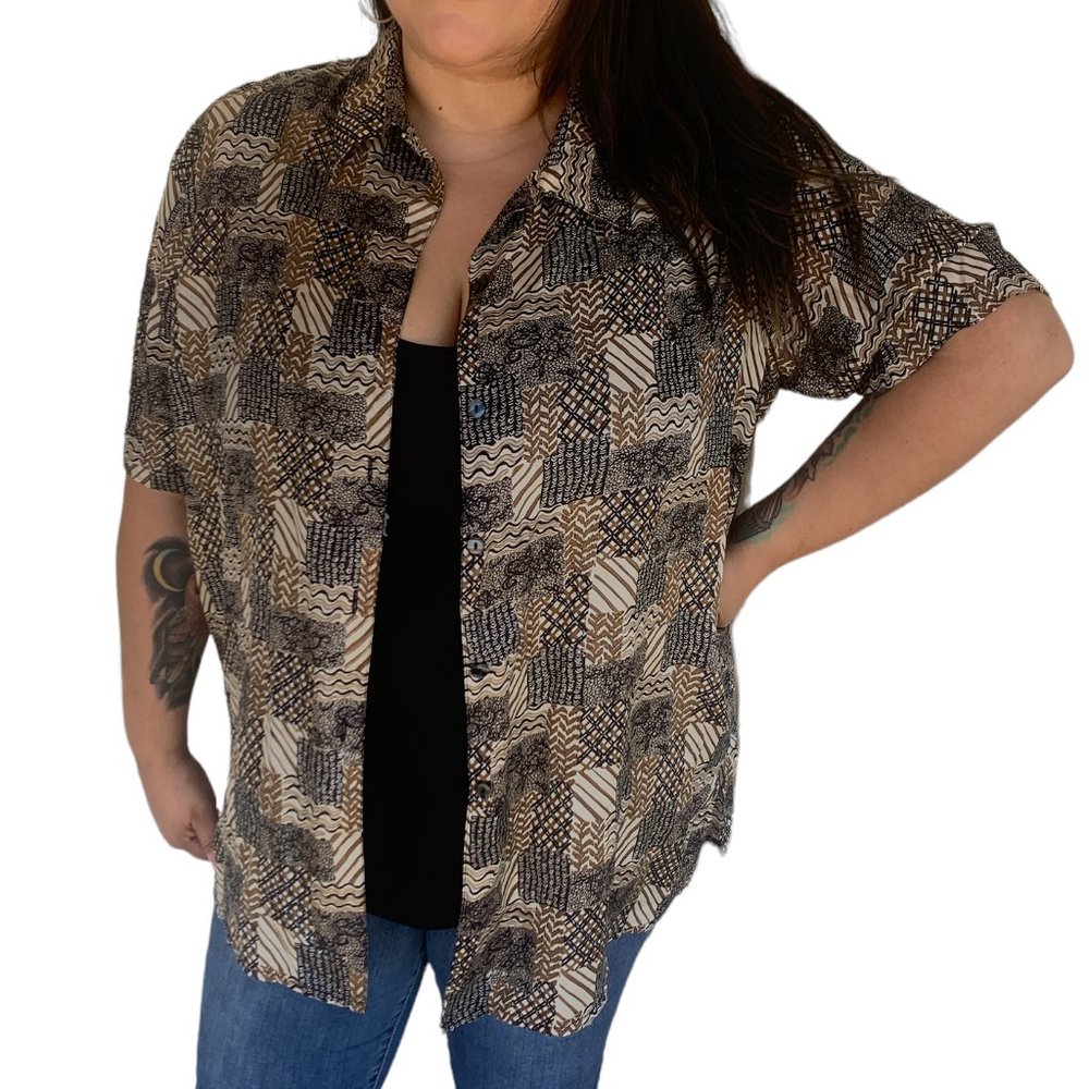 Vintage Stunt Woman  Shoulder Pad Short Sleeve Blouse 100% Silk